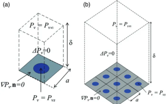 Figure 1. Computional domains: (a) single unit cell and (b) 3  3 square arrangement of wet surface pores.