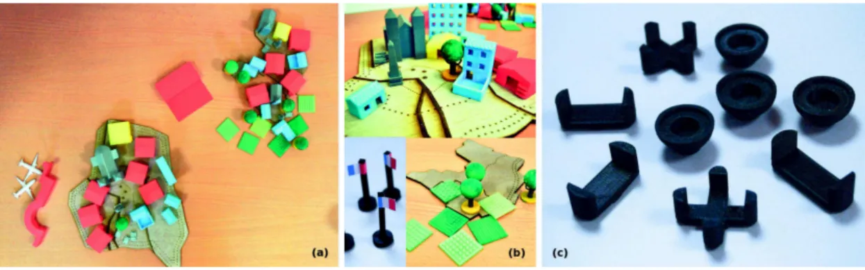 Figure 4. (a) all tangibles designed for the study; (b) examples of tangibles: various buildings, flags and