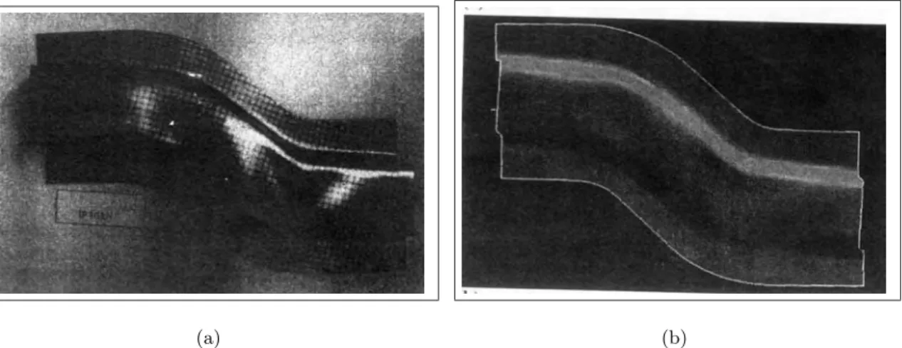 Fig. 1.2 – Comparaison exp´erience/ simulation : la partie sup´erieure de la pi`ece d´eform´ee - apparition du ﬂambement