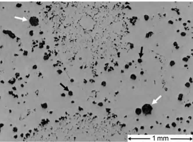 Figure 1  –  Optical  micograph of a heavy section  casting showing large &#34;primary&#34; graphite  precipitates  (white  arrows)  which are partly  degenerated, small rounded &#34;secondary&#34; nodules  (black  arrows)  and areas with strings of chunky