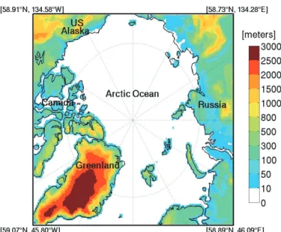 Fig. 1: The common analysis domain for the two RCMs (CRCM5 and HIR- HIR-HAM5) over the Arctic area and topography (m)