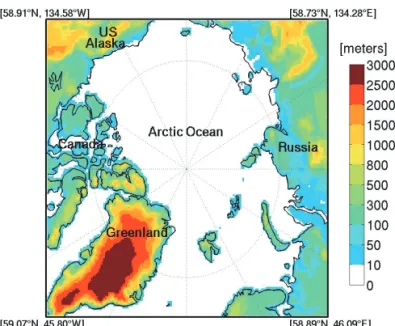 Fig. 1: The common analysis domain for the two RCMs (CRCM5 and HIR- HIR-HAM5) over the Arctic area and topography (m)
