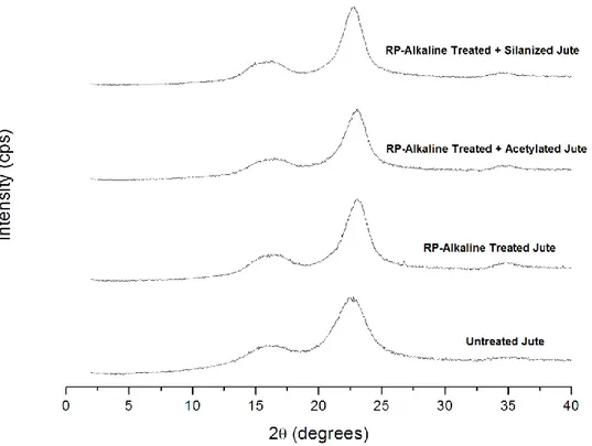 Figure 40 – Diffractograms of jute fibers in nature and treated with RP alkaline  solutions, acetic anhydryde and silane APTES 