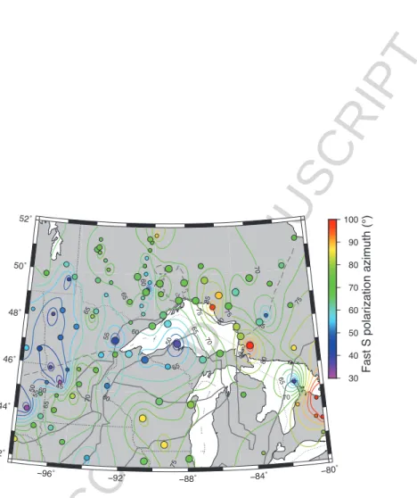Figure 10: Contour map of fast S polarization directions (in degrees) across the study area