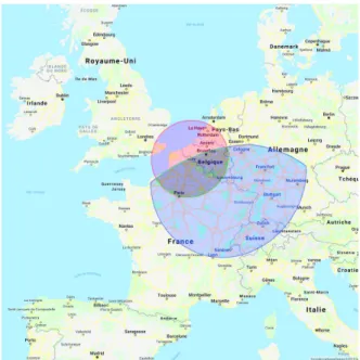 Fig. 2: Example of output for bestline-based DLV. The green polygon is the intersection between the predicted zone us in blue, and the accepted zone around Lille in red.