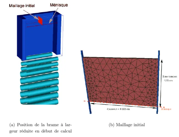 Fig. 4.1 – Présentation du maillage initial en vue d’un calcul global instationnaire sur une brame à largeur réduite (approche pseudo-2D)