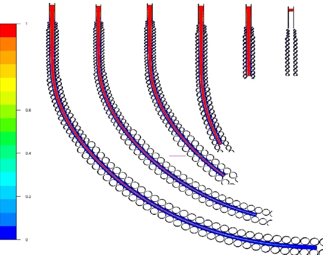 Fig. 4.2 – États successifs (0, 3, 6, 10, 15 et 21 mètres) de la brame et de la fraction liquide pour la géométrie de Fos-sur-Mer.