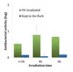 Figure 2. Antibacterial activity on E. coli of TiO 2 -coating (glass slides), after 2 h, 4 h, and 6 h of contact.