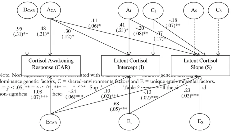 Figure 2.  The unstandardized path coefficients (and standard deviation) derived from the Cholesky model  including simultaneously the  CAR, awakening levels and diurnal cortisol change
