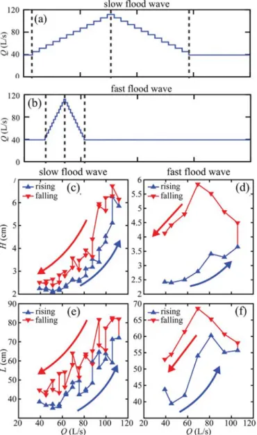 Fig. 6. Comparison of bedform dynamics under diﬀerent variable discharge regimes. (a) Hydrograph simulating a slow ﬂood wave