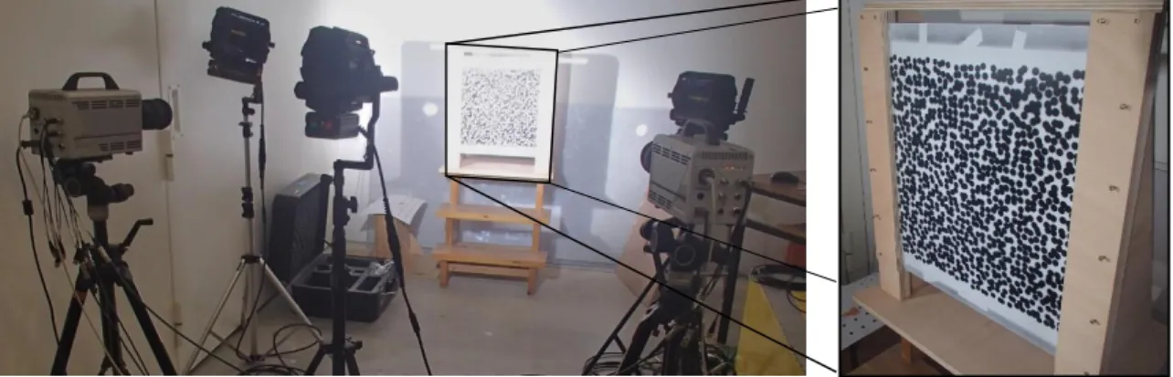 Figure 5: Stereo-correlation device comprising high speed camera and large scale  target with coarse speckle pattern
