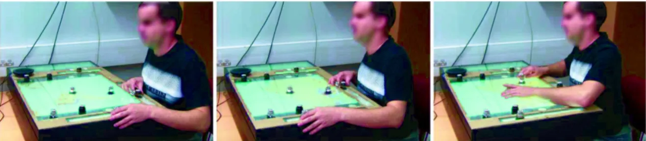 Fig. 4. Panning with the sliders interface: A participant moves the two sliders for panning (left and middle) and explores the map once the robots are in place (right).