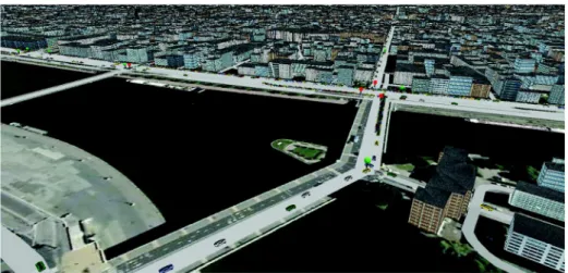 Fig. 6 Example of displays that can be defined with GAMA: used of 3D obj files with textures for cars, a geo- geo-referenced satellite image as background, and a building shapefile with 3D extrusion and textures for buildings
