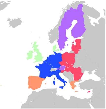 Fig 1. Geographical distribution of the EU countries. Color code groups countries into 5 subsets: Blue (BL) for