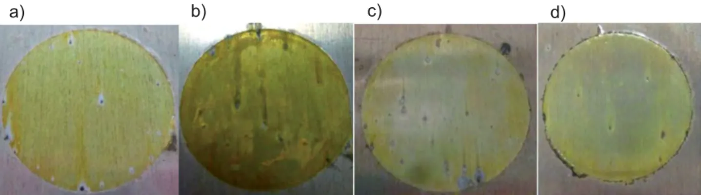 Fig. 8. Optical images of AA2024-T3 samples (7 cm 2 ) after 336 h immersion in 0.045 mol L −1 NaCl solution containing nanocontainers with 10 −3 mol L −1 cerium: M-SiO