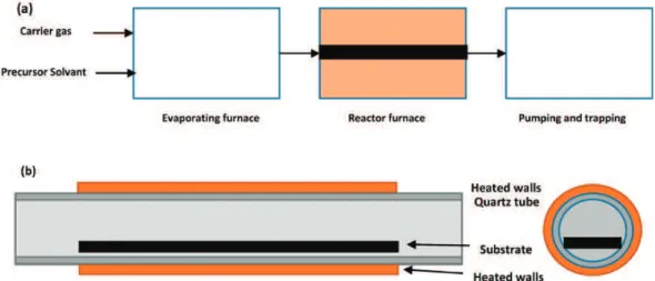 Figure 1. (a) Schematic representation of the direct liquid injection metal-organic chemical vapor deposition reactor (direct-pulsed liquid injection–metalorganic chemical vapor deposition (DLI– MOCVD)); the dimensions of the reactor tube are from 0.3 to 1