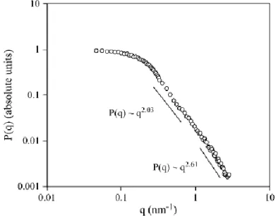 Figure I-12: Fraction 1 (AG) scattering form factor (1w/w%) at 25°C in D2O containing 50mM NaCl (from  Sanchez et al., 2008) [37] 