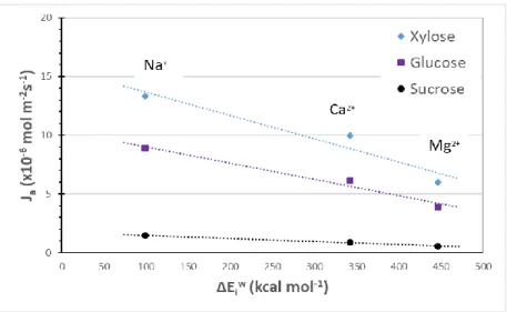 Figure 5. Sugars fluxes through cation exchange membranes (CMX) versus cation hydration energies 