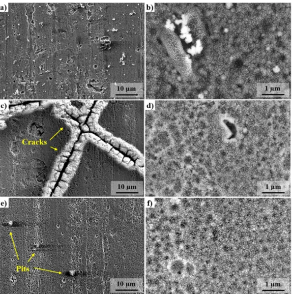 Fig. 5. FEG-SEM top view images of (a, b) TCC, (c, d) WCC and (e, f) CeCC after 245 h of exposure in 0.1 mol/L of Na 2 SO 4 with 10 −3 mol/L of NaCl.