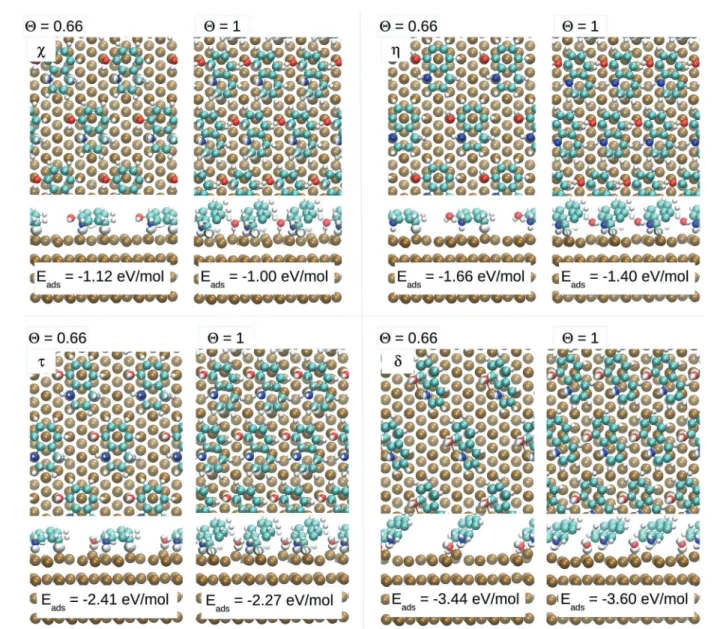 Fig. 2 Adsorption topologies and electronic density variation (Dr) at two coverages (y = 0.66 and y = 1)