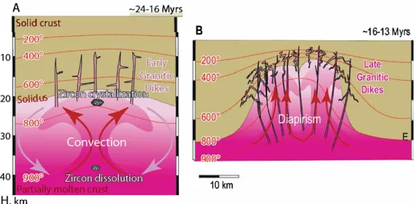 Fig. 8. Mode! for the internai dynamics of the Naxos dome showing the connection between crustal convection, the cyclical dissolution and crystallization of zircon,  and the formation of subdomes