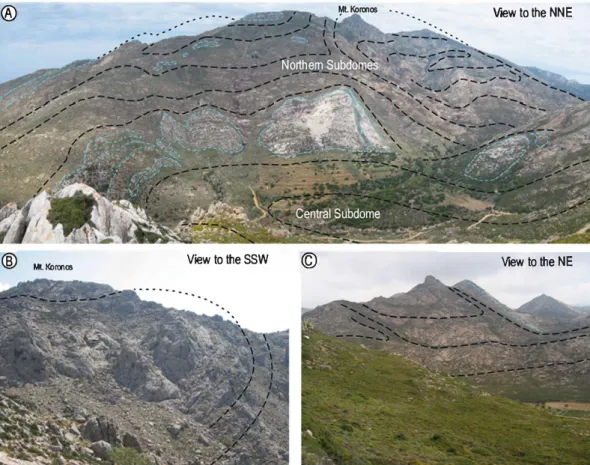 Fig. 3. Panoramic views highlighting geometric aspects of subdomes within the core of the Naxos migmatite dome