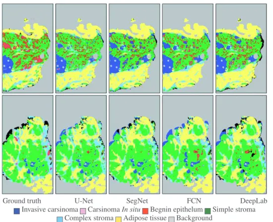 Figure 5: From left to right, two test ground truth masks, U-Net, SegNet, FCN and DeepLab multi-classes segmentation results using optimal parameters.