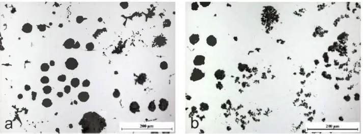 Fig.  2  shows  an  overview  of the  microstructure  of the  two  samples  where  different  types  of  degenerated graphite precipitates are visible