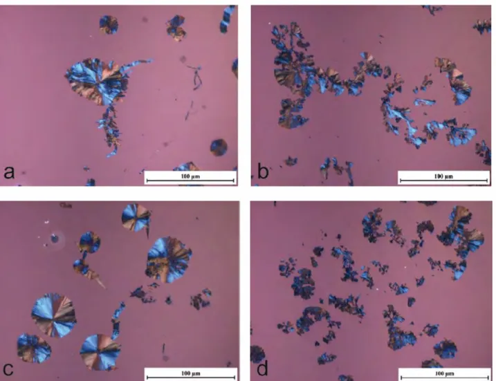 Figure 4: Graphite morphology under polarized light of sample SG-Pb (a and c) and sample SG­ PbCe (b and d) 