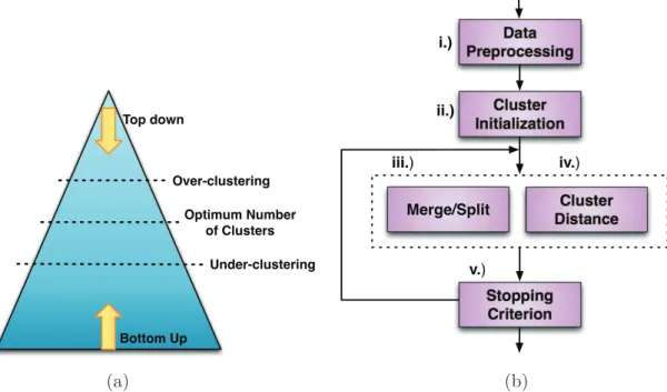 Figure 2.3: General diarization system: (a) Alternative clustering schemas, (b) General speaker diarization architecture