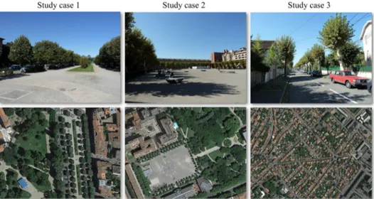 Fig. 1. Study area with the three study cases represented on a Google Earth image. The yellow rectangles correspond to each study case
