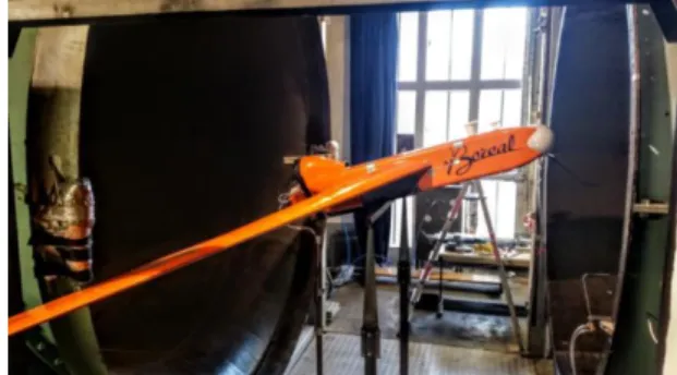 Figure 10: BOREAL during the wind tunnel test  The  angles  of  attack  and  sideslip  were  varied  between  -15°  and  15°  with  respectively  a  zero  angle of sideslip and a zero angle of attack