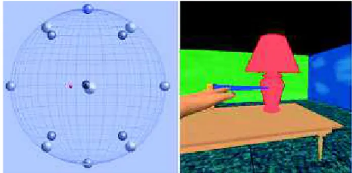 Figure 1: Exemple de pointeur à gauche, et de rayon à droite La seconde catégorie de techniques concerne l’utilisation d’un rayon pour pointer l’objet désiré dans l’EV 3D (cf