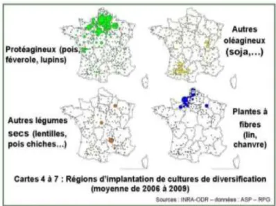 Figure 3 : Zones géographiques d’implantation de cultures permettant la diversification des assolements et des  successions (Fuzeau et al., 2012) 