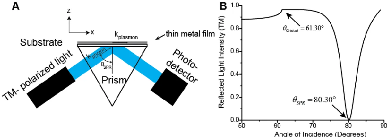 Figure 2.8:  Excitation of SPR using ATR coupling technique  A Schematic of an ATR based SPR  setup