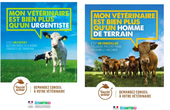 Figure 7 : Exemples de messages de promotion de la vaccination (selon Plan ÉcoAntibio 1)  1.2.5.! Échecs vaccinaux et effets indésirables des vaccins 