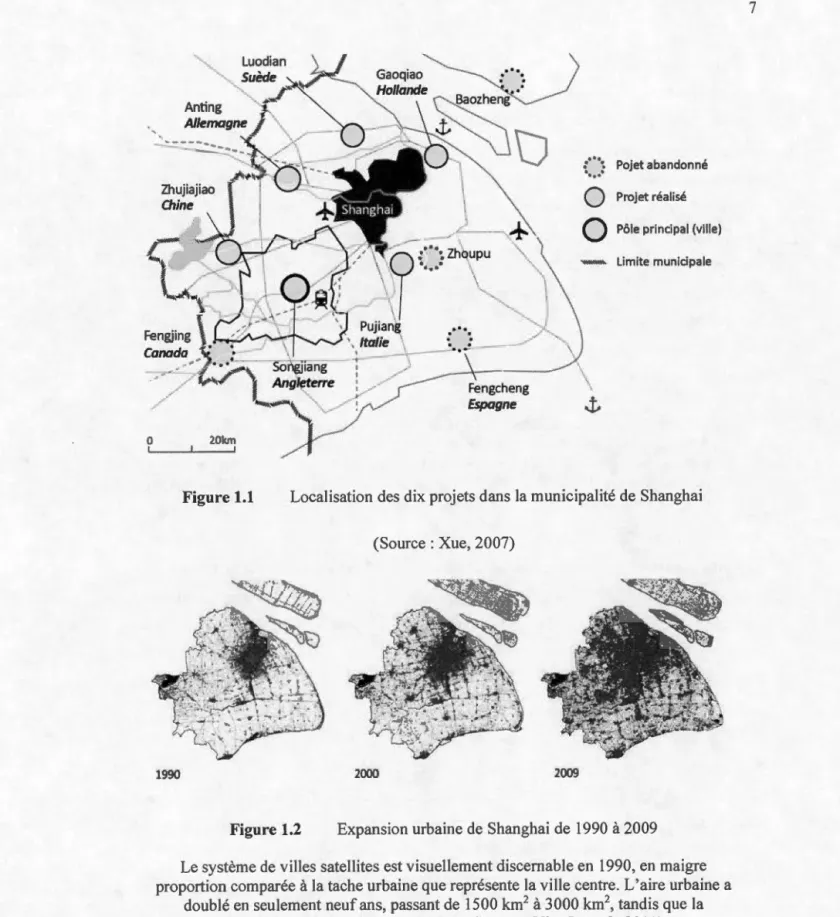 Figure 1.1  Localisation des dix projets dans  la municipalité de Shanghai 