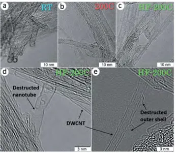 Figure 1. HRTEM images of DWCNTs fluorinated by pure F 2 at room