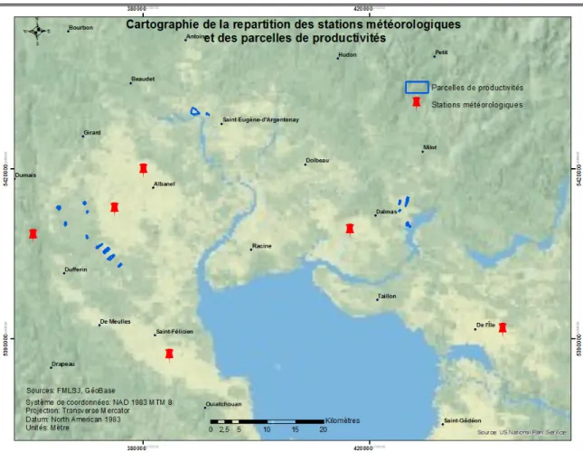 Figure 5: Cartographie de la distribution spatiale des stations météorologiques et des parcelles  d’étude sur la productivité des bleuetières