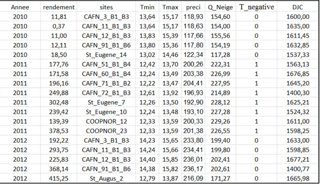 Tableau 14: Extrait du chiffrier des données météorologiques et des données de productivité 