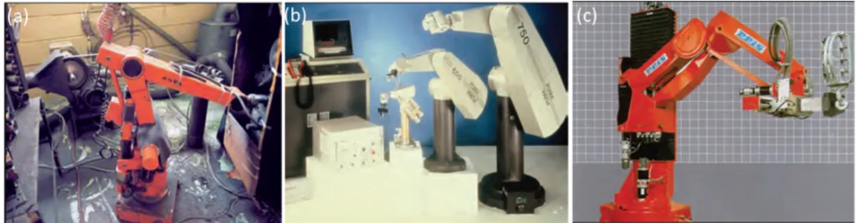 Figure 1.2 – Le robot tout électrique (IFR, 2012) (a)ASEA IRB-6 (1973), le premier tout-électrique et (b) PUMA : le robot travaille en coopération avec des opérateurs
