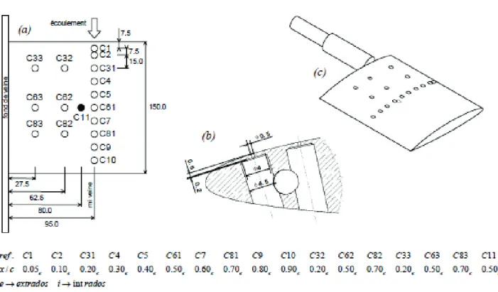 Figure 2.4 – a) Schéma d’implantation des capteurs de pression pariétaux du foil rigide ; b) Vue en coupe
