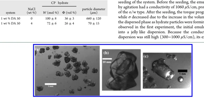 Figure 11. Snapshots of agglomerated hydrate particles at the end of the CP−hydrate formation experiments in the batch reactor with 1 wt % DA 50 (a), zoomed in view of a hydrate particle composed of small pieces of hydrates welded together (b), and particl