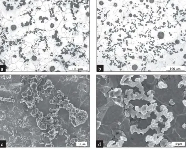 Fig.  2.  High magnification optical micrograph of alloy #1  (a) and alloy #4 (b), and SEM micrograph of deep-etched alloy #2  (c) and alloy #5  (d)