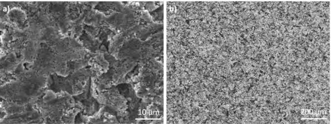 Figure II-18 : Micrographies MEB d'une surface sablée attaquée avec le mélange acide H 2 SO 4 :HCl:H 2 O en proportion 2:2:1 