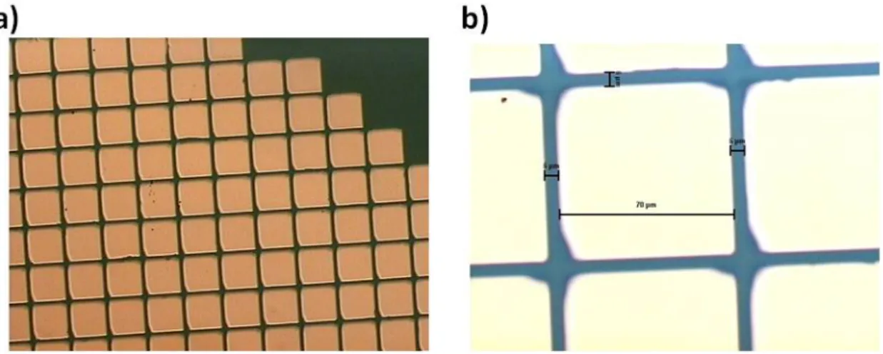 Figure 4.4  Images prises au microscope optique des carrés métalliques obtenus après dépôt par évaporation sur l'échantillon test
