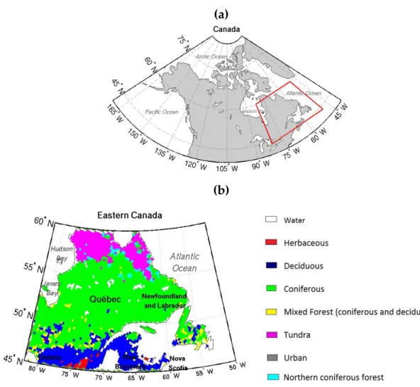 Figure 3.1. (a) Location map of the study region (Eastern Canada); (b) Land Cover Map  (LCM, 2005) classification for Eastern Canada aggregated into eight classes and on the  25x25-km EASE-Grid projection