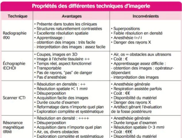 Tableau 1 : Récapitulatif des avantages et inconvénients de chaque méthode d’imagerie évoquée (Besso, 2006) 