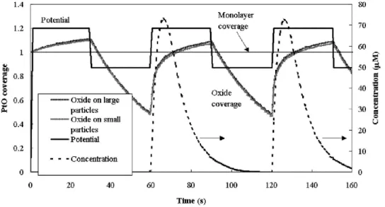 Figure I-1 - Impact de cycles de tension sur la dissolution du Pt (résultats de simulation) - Repris de [DAR-05] 
