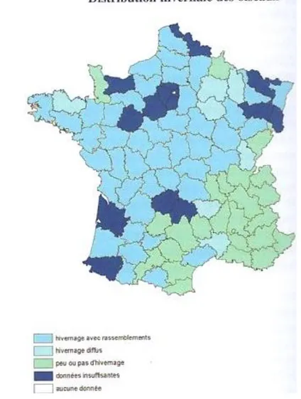 Figure 3 : Répartition du pigeon ramier en France en période hivernale (Rouxel et  Czajkowski, 2004) 